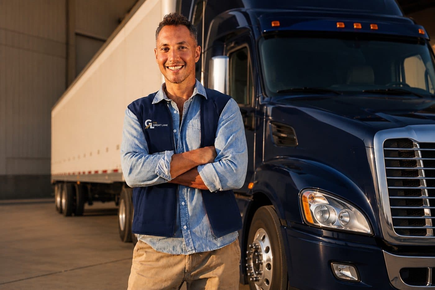 Smiling driver in a Great Lane vest standing in front of a navy tractor and white trailer